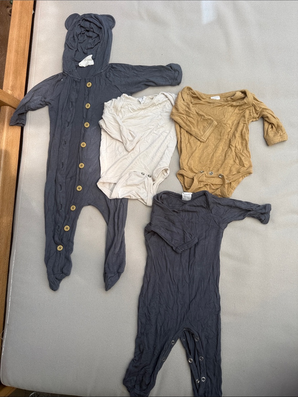 kate quinn Mixed Neutral Baby Footie Set - Charcoal, Cream, Mustard